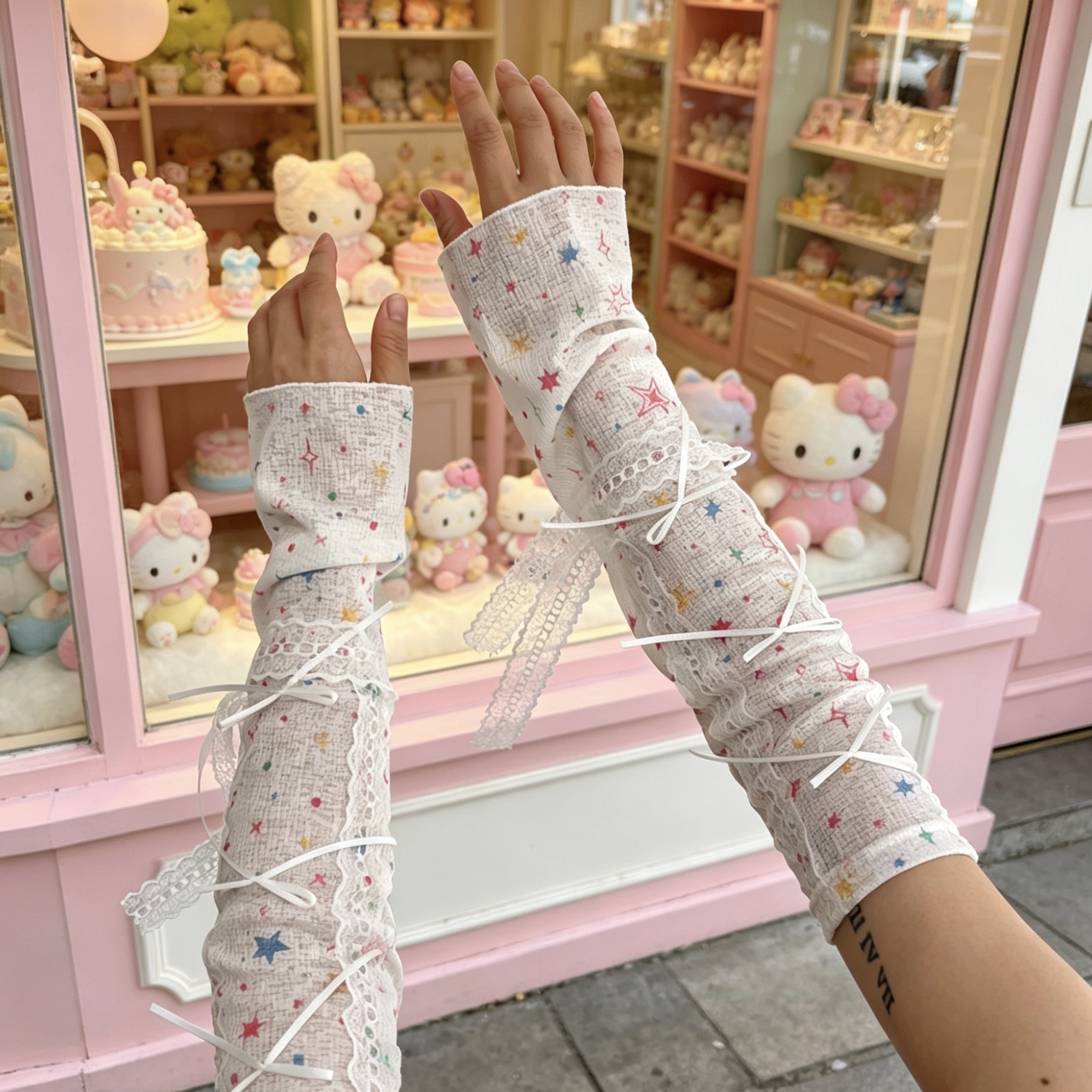 Kawaii Star Print Lace Arm Sle - مراجعة Fingerless Glove Knit وسعره